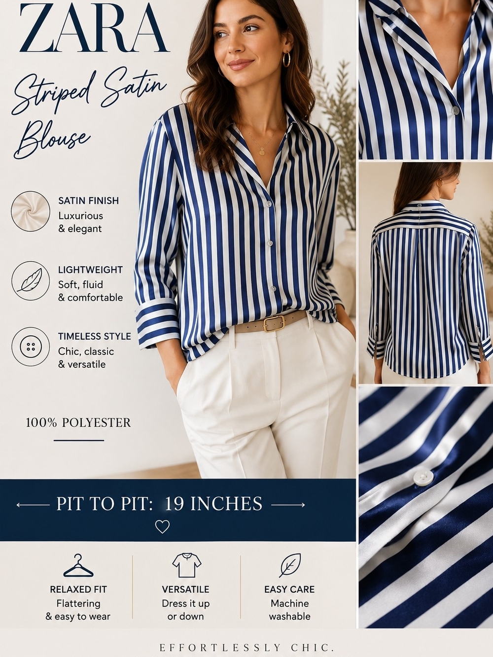 Zara White and Navy Striped Satin Button-Up